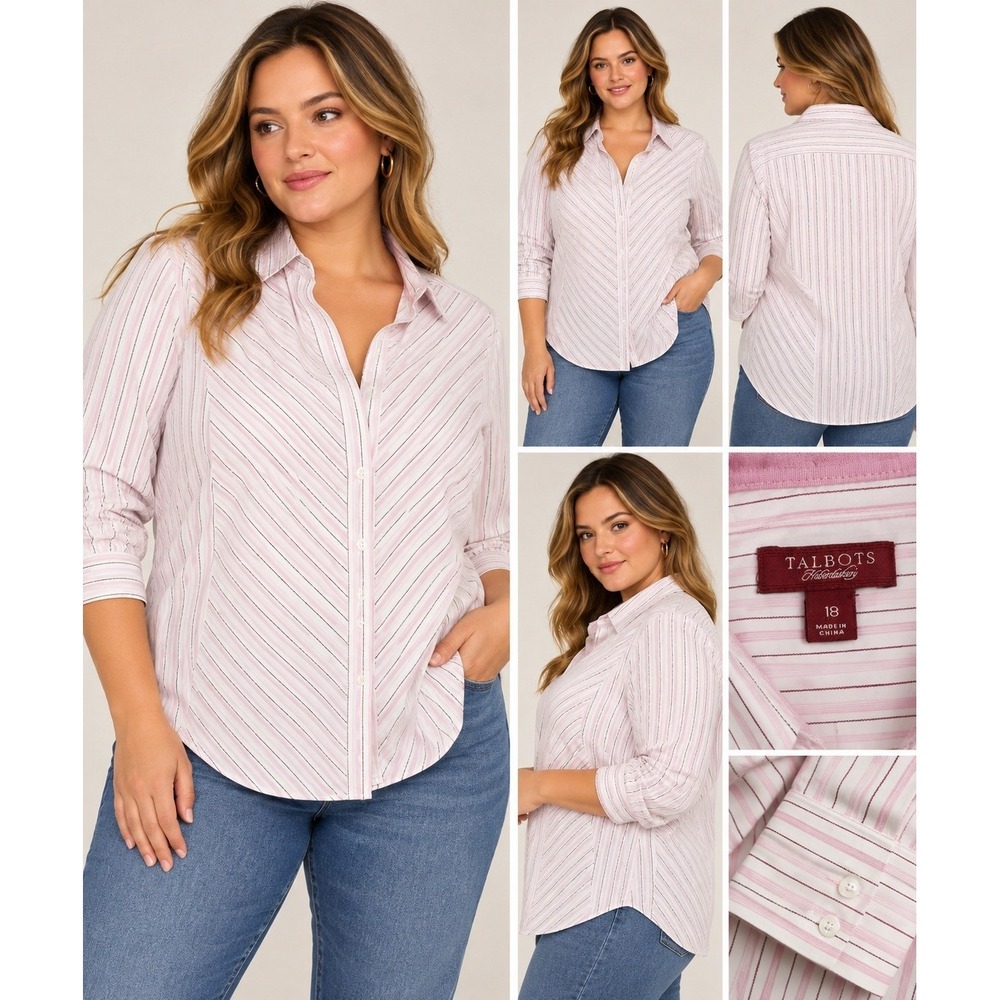 Talbots Haberdashery Pink Striped Button Down Shirt Long Sleeve Blouse Size 18